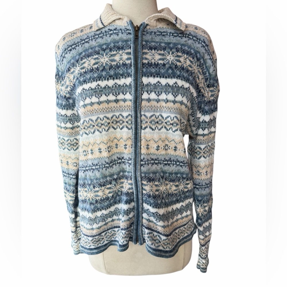 Y2K Heirloom Collectibles Ramie/Cotton Fair Isle Collared Full-Zip Cardigan